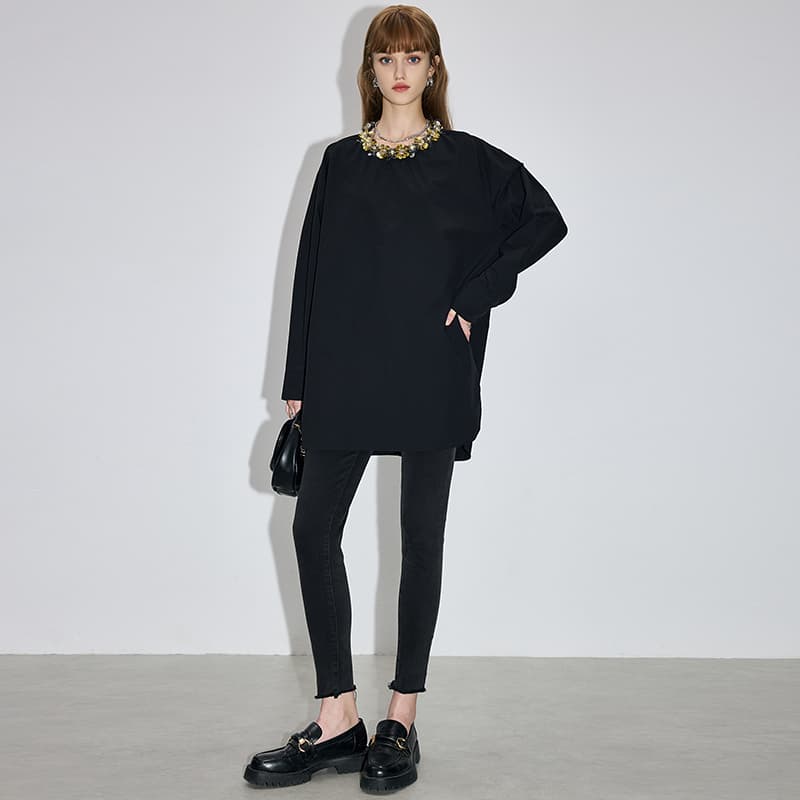 黒ブラウス ドレープショルダー シフォンブラウス