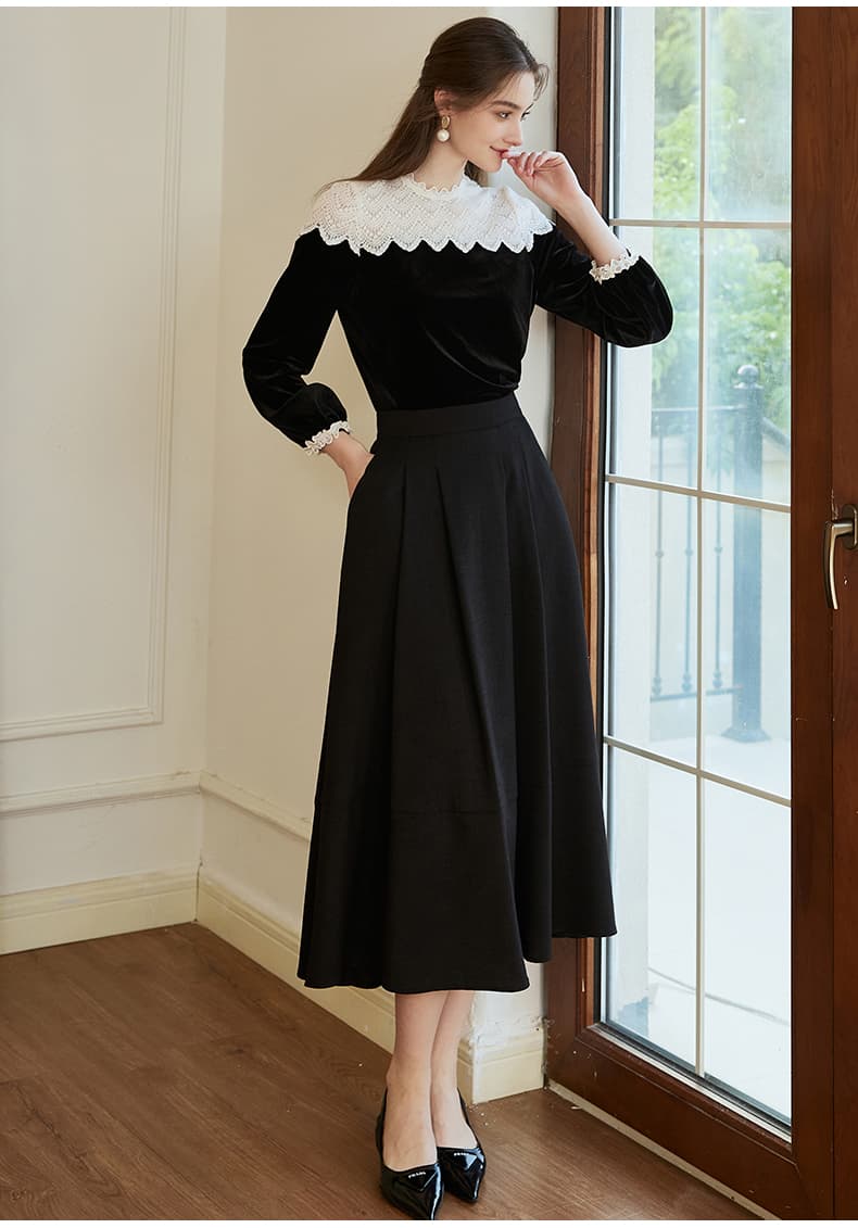 黒ブラウス レース襟付きベロア長袖ブラウス