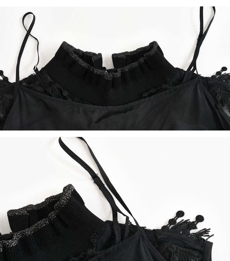 黒ブラウス フリンジレイヤード シースルーブラウス