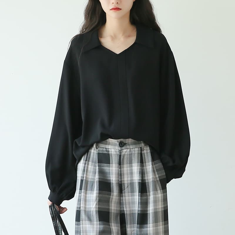 黒ブラウス ふんわり袖シフォンブラウス