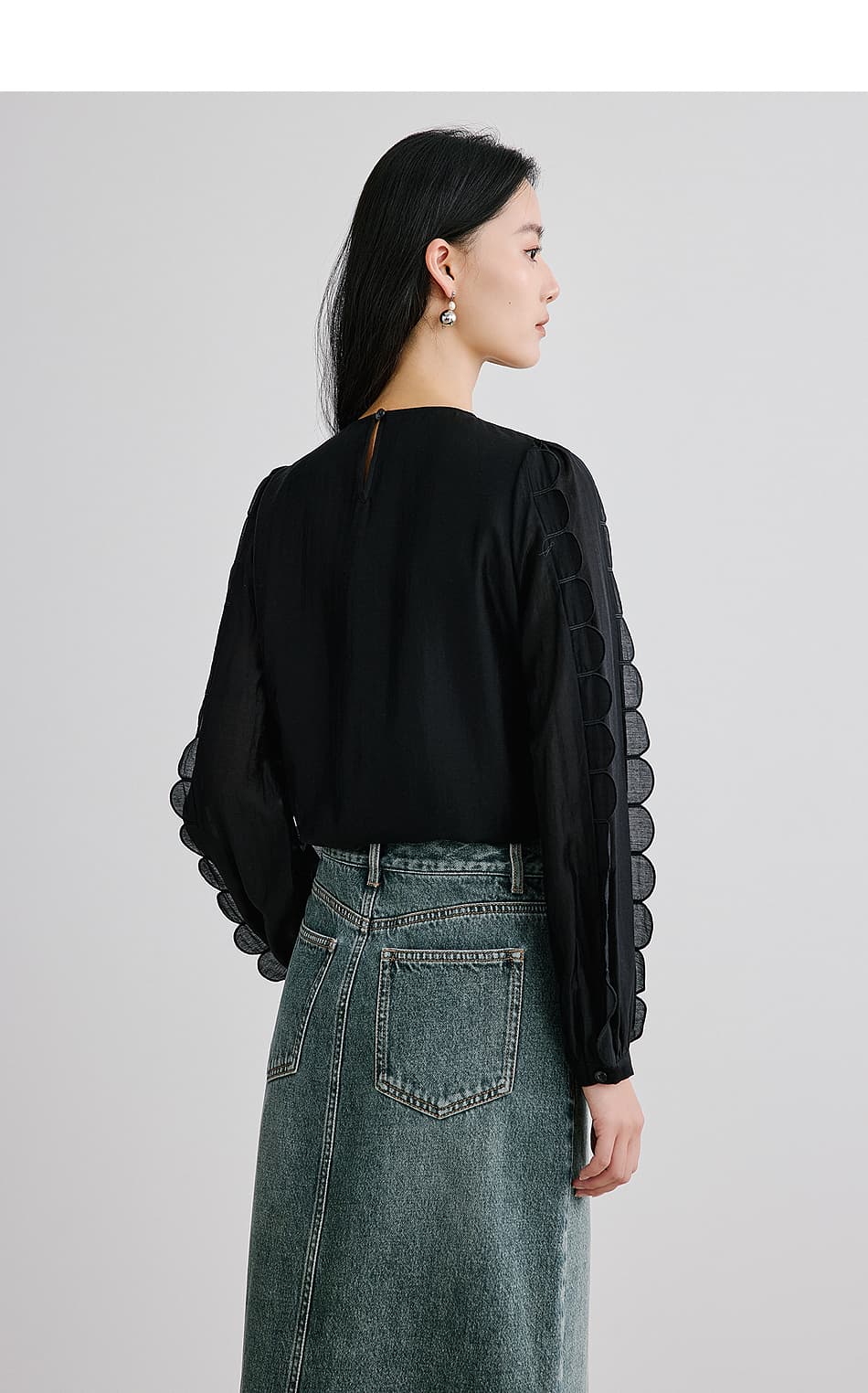黒ブラウス シフォン透かし半円デザインブラウス