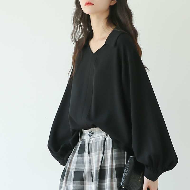 黒ブラウス ふんわり袖シフォンブラウス