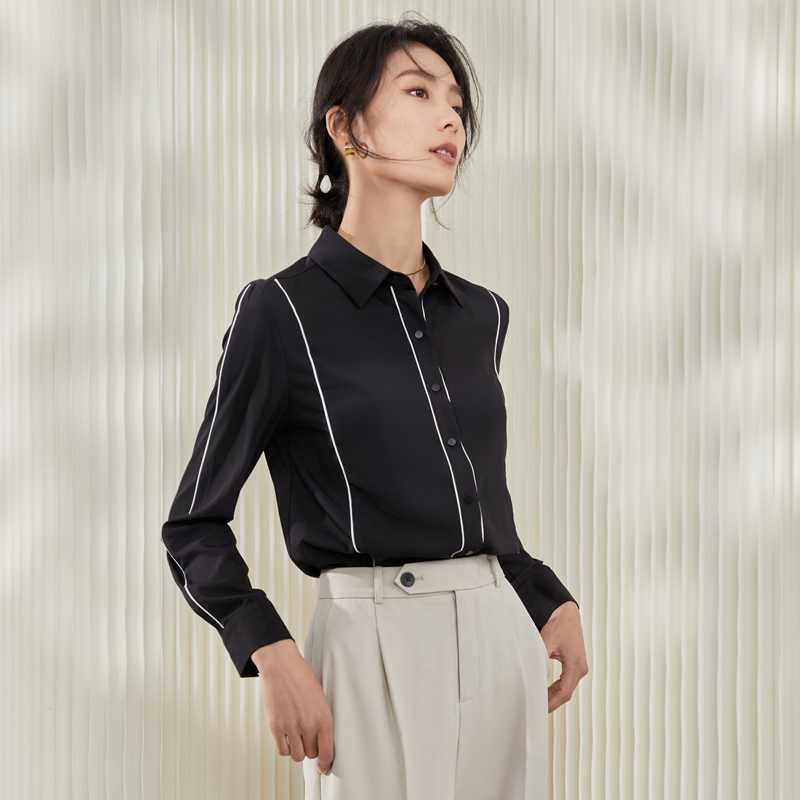 黒ブラウス パイピングデザイン シフォンブラウス
