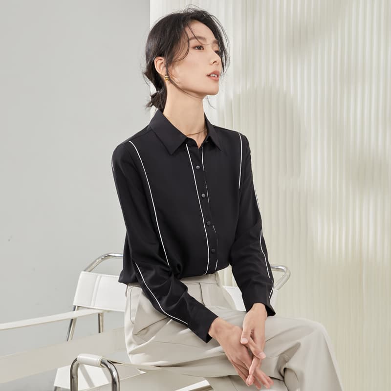 黒ブラウス パイピングデザイン シフォンブラウス