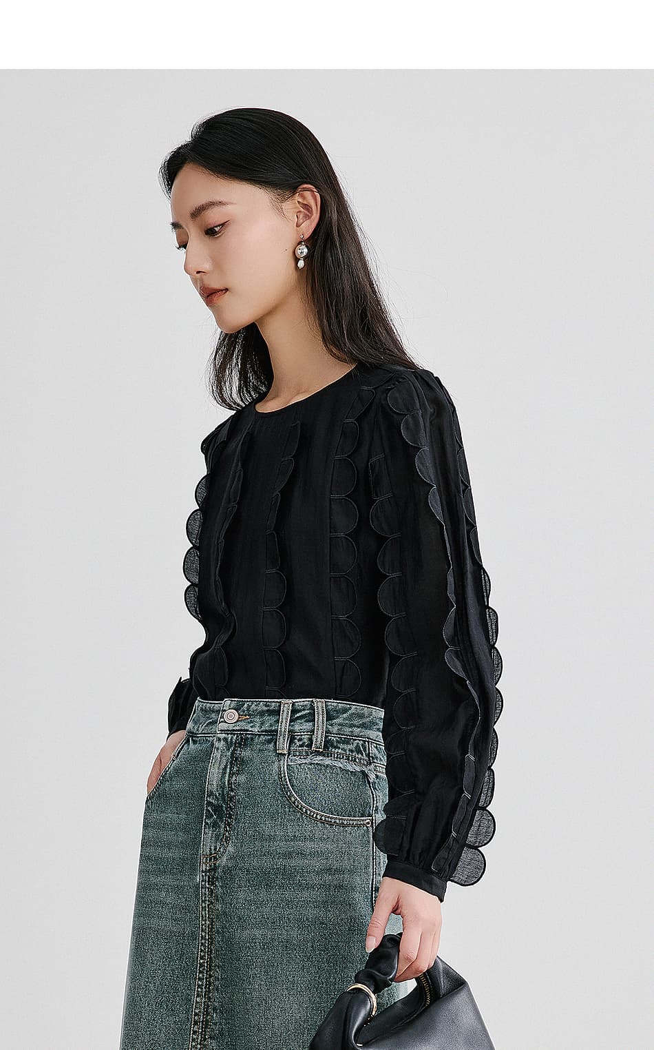 黒ブラウス シフォン透かし半円デザインブラウス