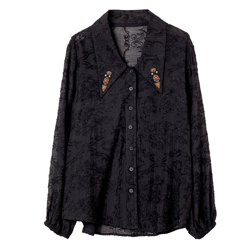 黒ブラウス ビジューポイント刺繍衿シフォンブラウス