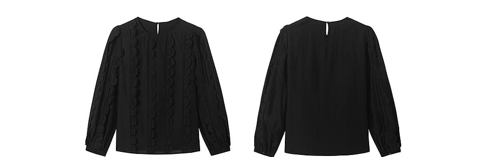 黒ブラウス シフォン透かし半円デザインブラウス