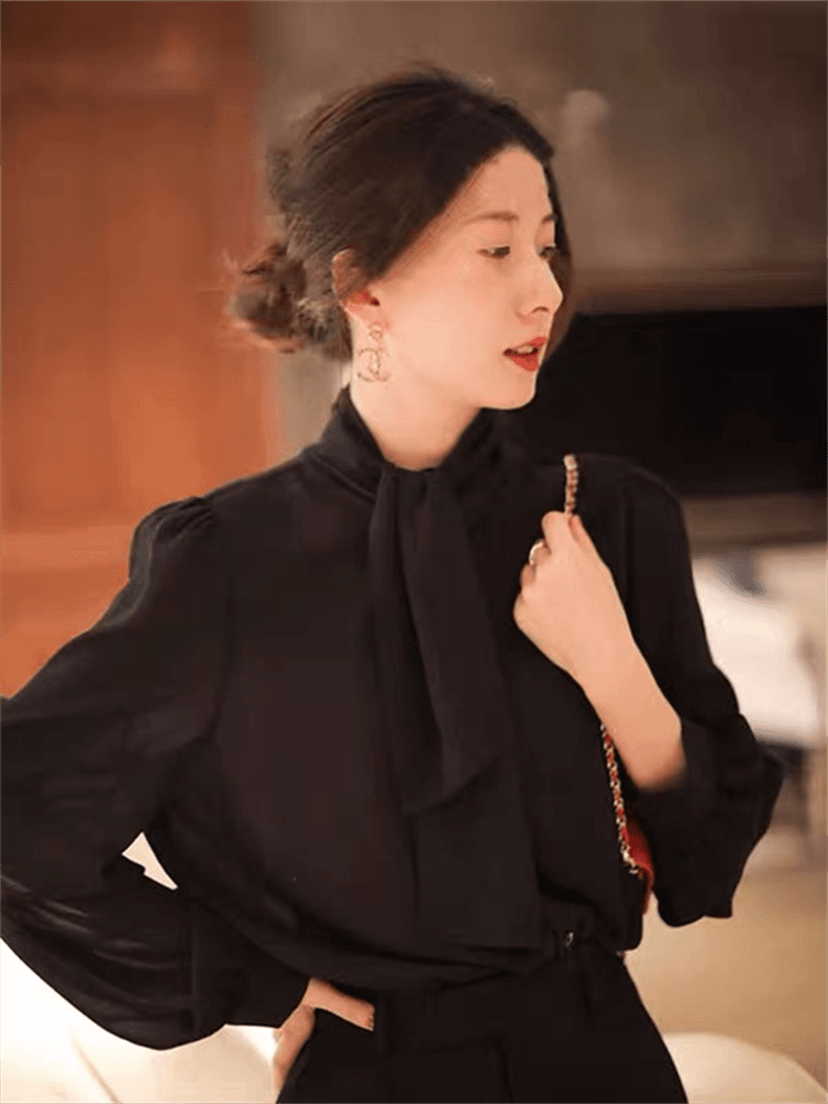 黒ブラウス リボン付きシフォンブラウス