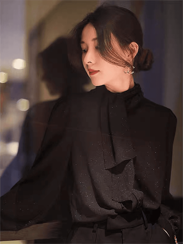 黒ブラウス リボン付きシフォンブラウス