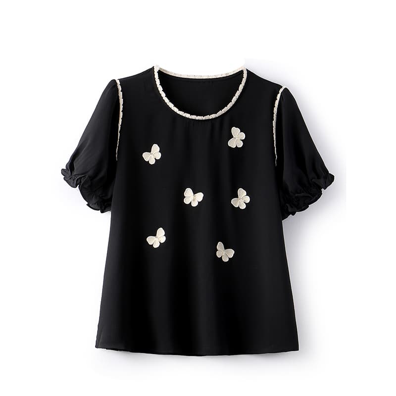 黒ブラウス 蝶々シフォンブラウス かわいい半袖
