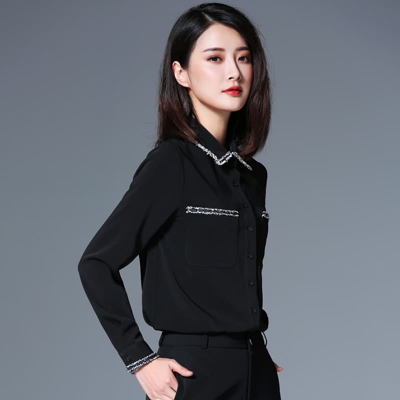 黒ブラウス ツイード風トリミング シフォンブラウス