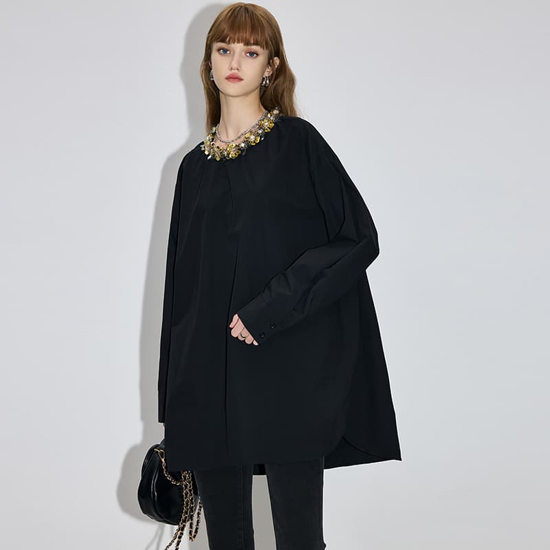 黒ブラウス ドレープショルダー シフォンブラウス