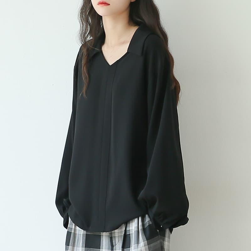 黒ブラウス ふんわり袖シフォンブラウス