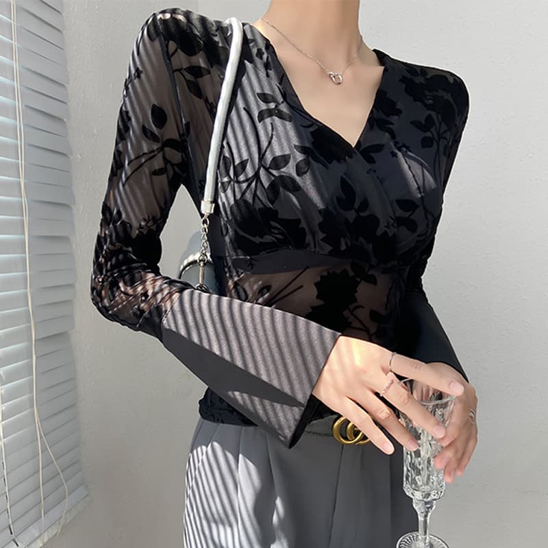 黒ブラウス 花柄シースルーカシュクール長袖ブラウス