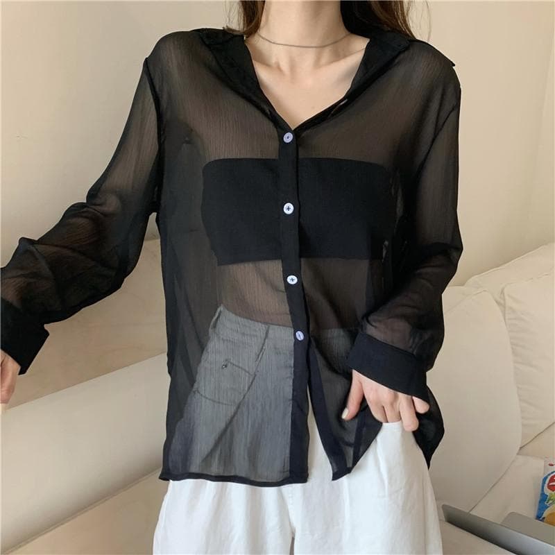 黒ブラウス シースルーデザイン シフォンブラウス
