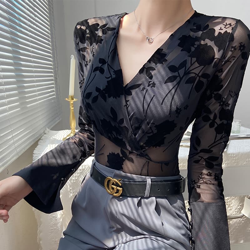 黒ブラウス 花柄シースルーカシュクール長袖ブラウス