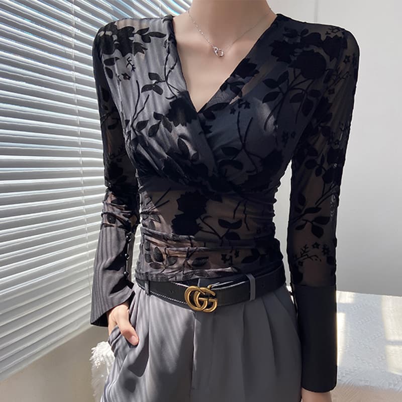 黒ブラウス 花柄シースルーカシュクール長袖ブラウス