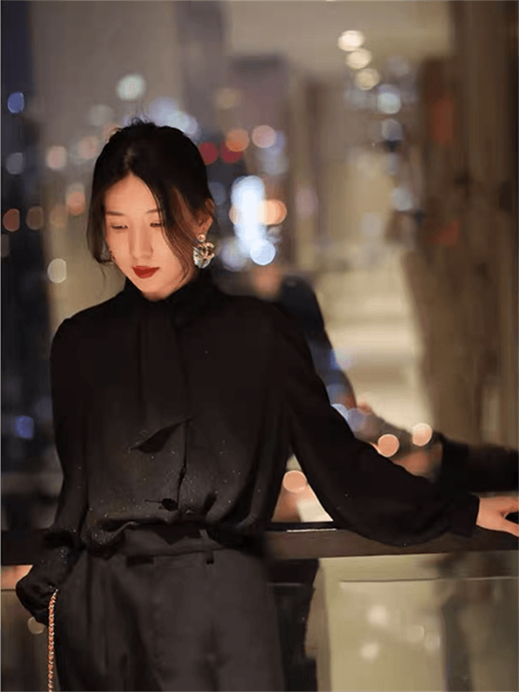 黒ブラウス リボン付きシフォンブラウス