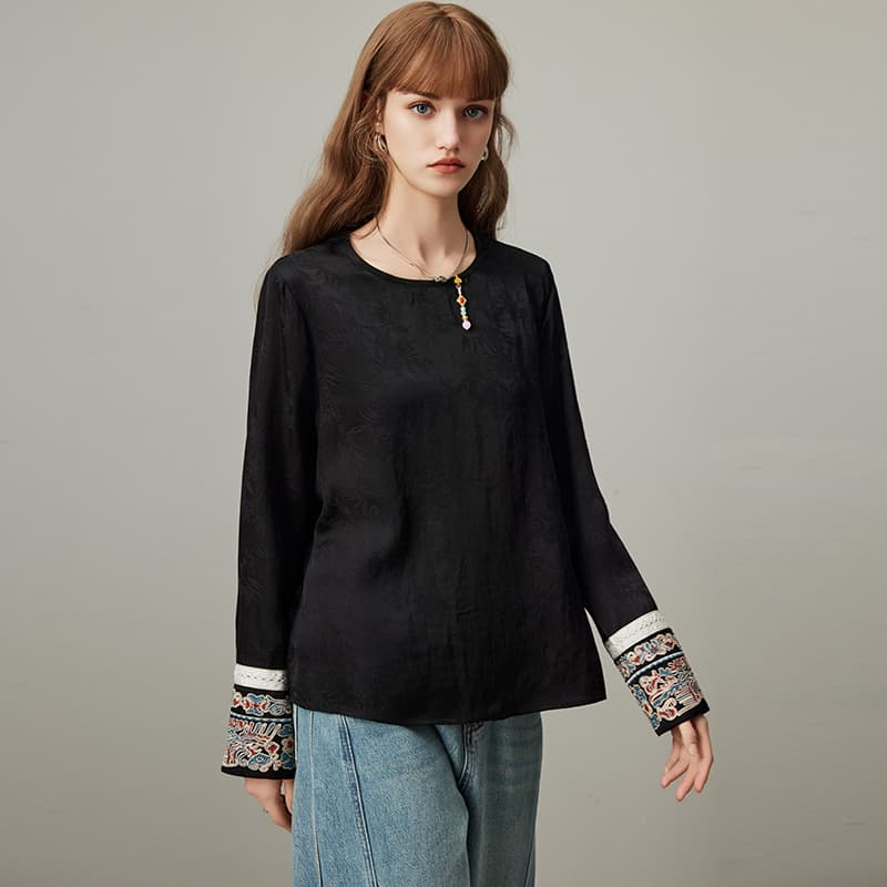 黒ブラウス 刺繍袖デザイン シフォンブラウス