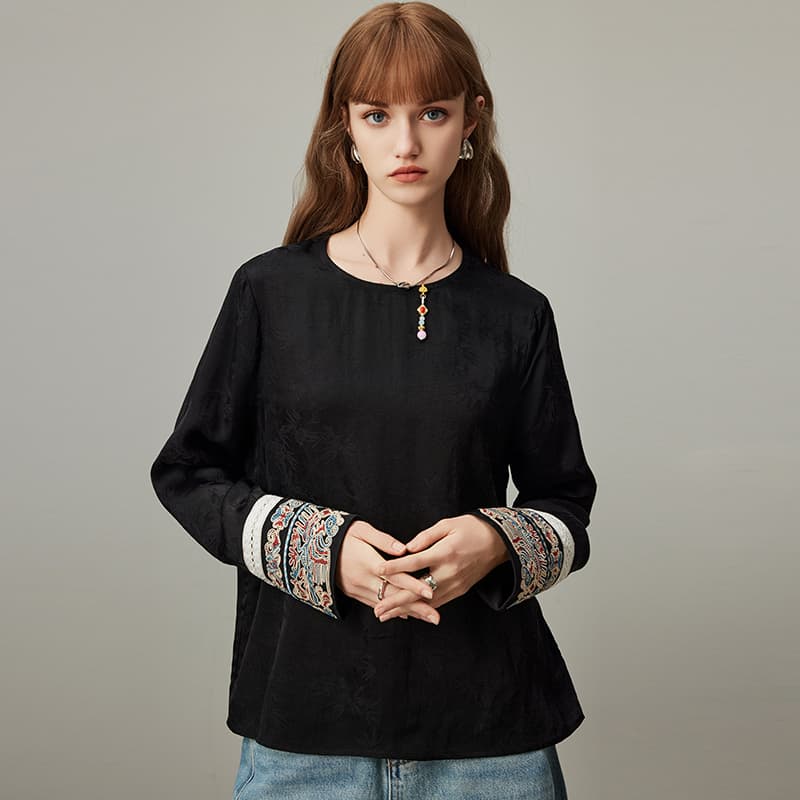 黒ブラウス 刺繍袖デザイン シフォンブラウス