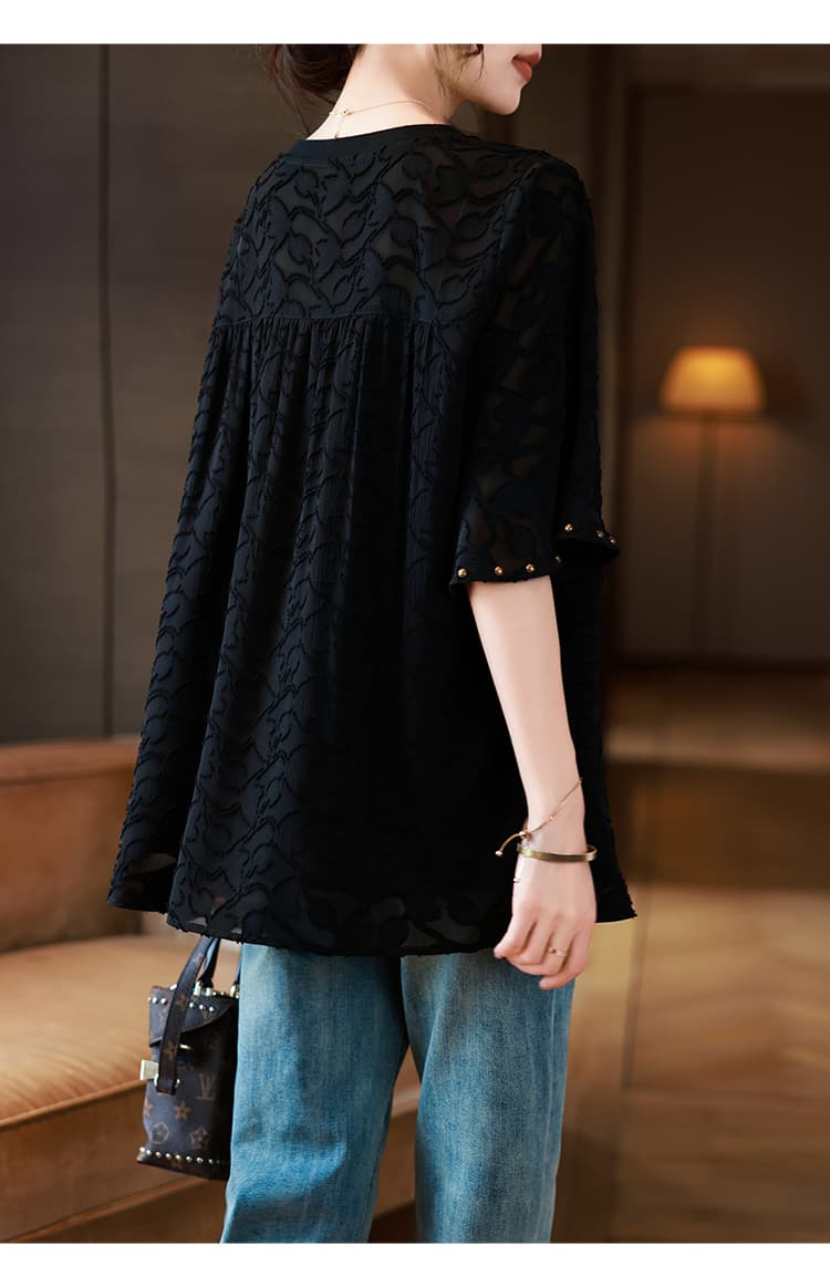 黒ブラウス スタッズ付きシフォンドレスブラウス