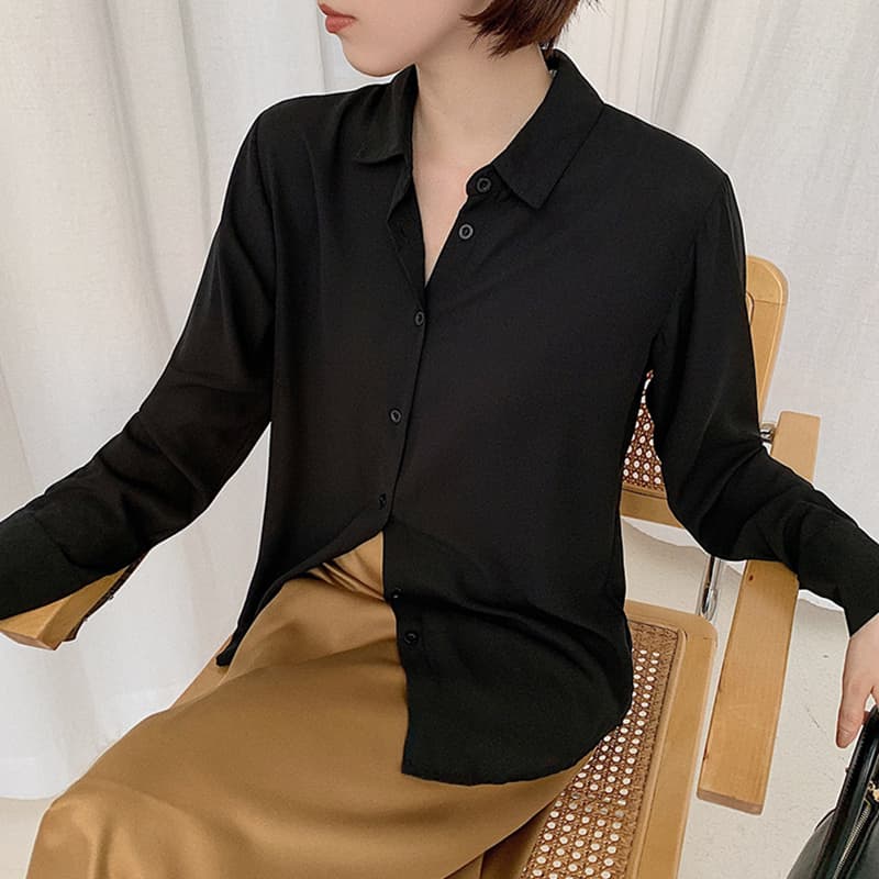 黒ブラウス シンプル上質シフォンブラウス