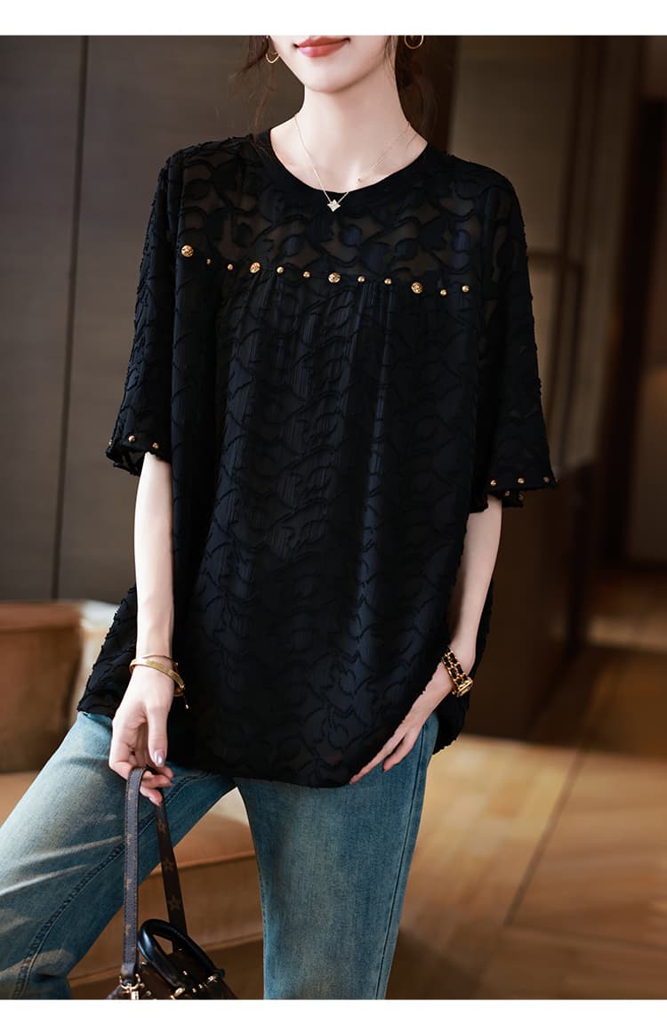 黒ブラウス スタッズ付きシフォンドレスブラウス
