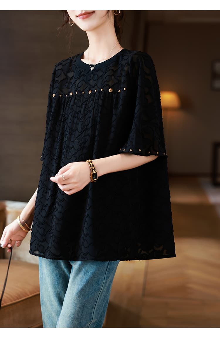 黒ブラウス スタッズ付きシフォンドレスブラウス
