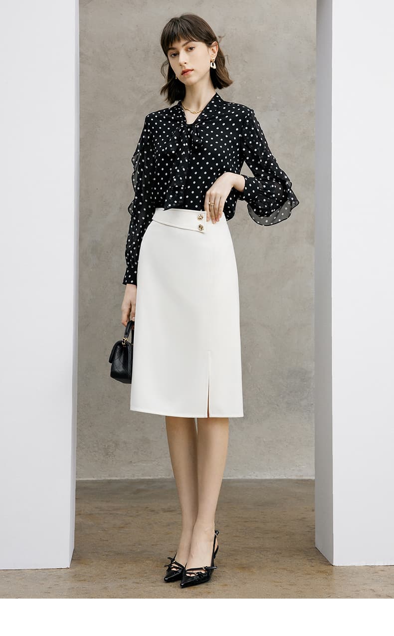 黒ブラウス 七分袖水玉フリルブラウス
