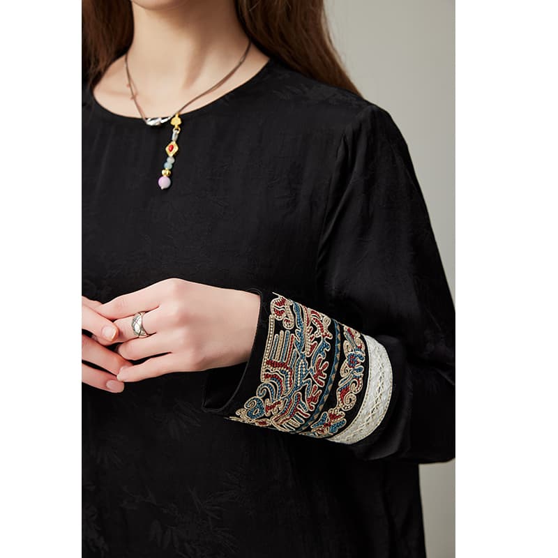黒ブラウス 刺繍袖デザイン シフォンブラウス
